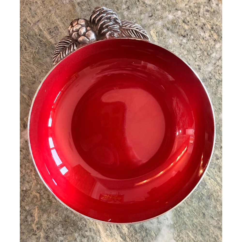 Vintage Reed‎ & Barton Silverplate Red Glass Snack Bowl Pinecone Candy Dish